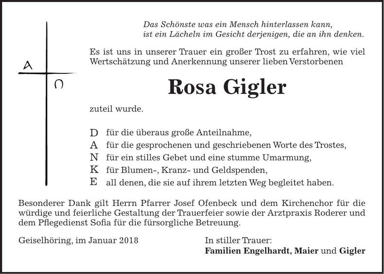 Traueranzeige Rosa Gigler