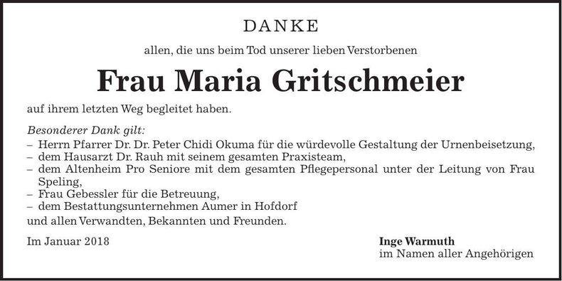 Traueranzeige Maria Gritschmeier