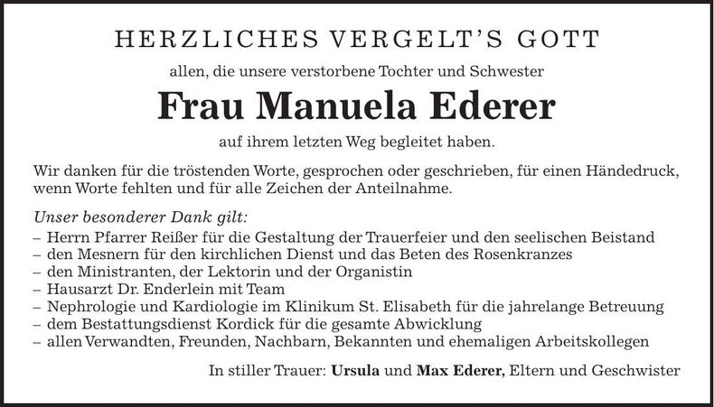 Traueranzeige Manuela Ederer