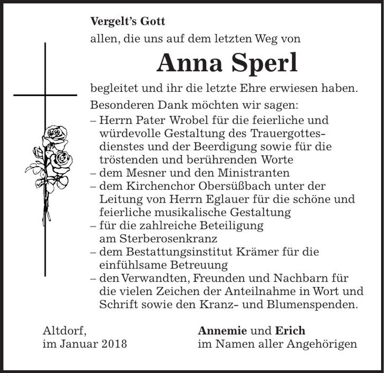 Traueranzeige Anna Sperl