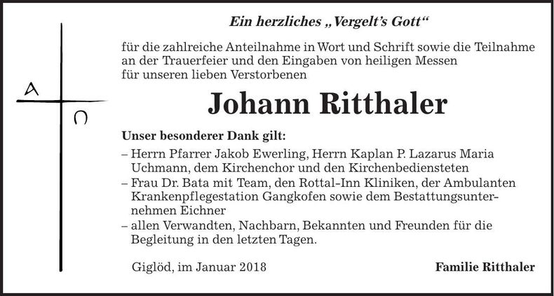 Traueranzeige Johann Ritthaler