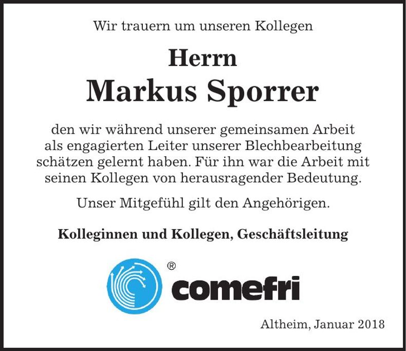 Traueranzeige Markus Sporrer