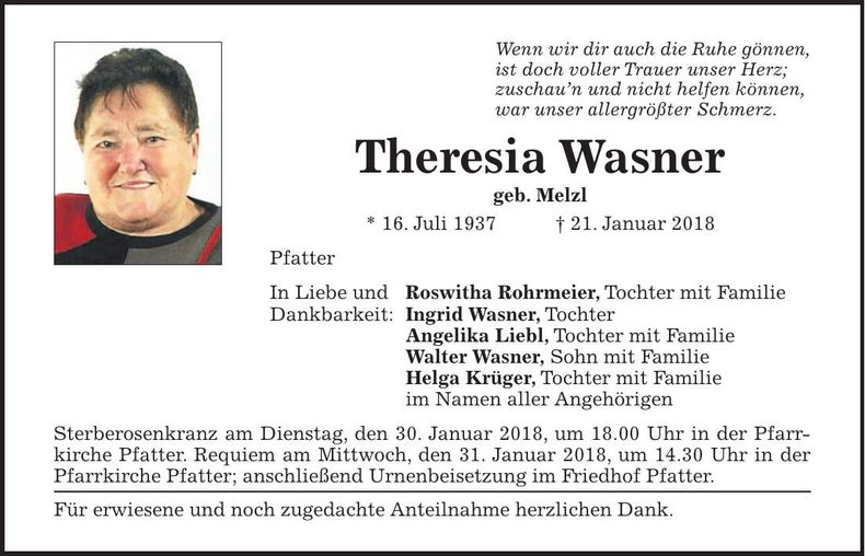 Traueranzeige Theresia Wasner