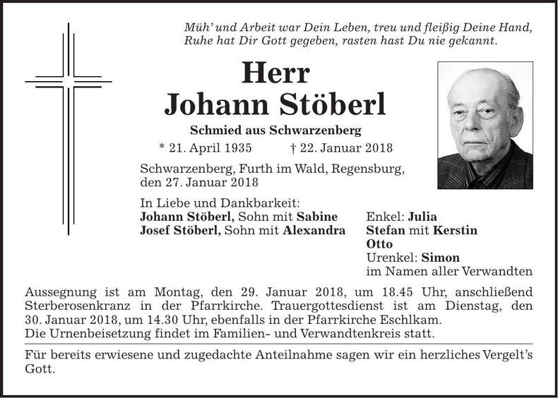 Traueranzeige Johann Stöberl
