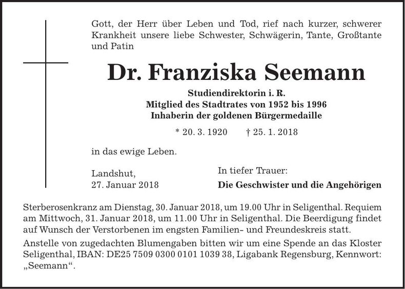 Traueranzeige Franziska Seemann