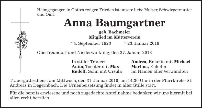 Traueranzeige Anna Baumgartner