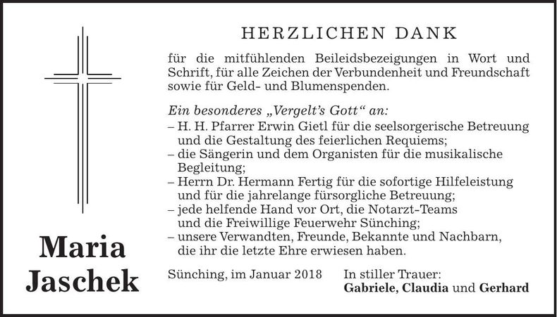 Traueranzeige Maria Jaschek