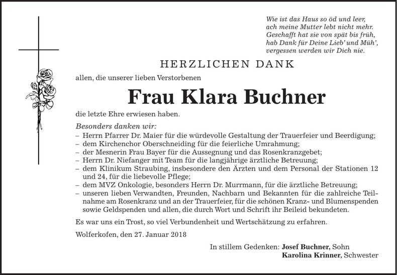 Traueranzeige Klara Buchner