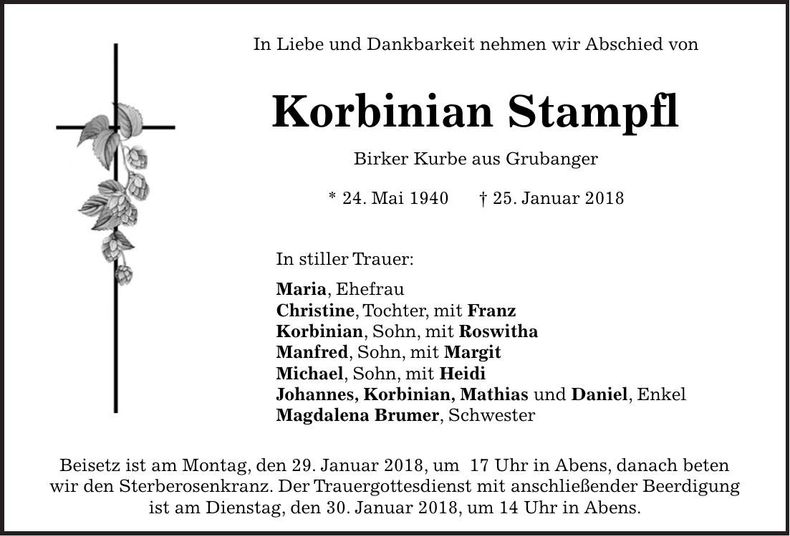 Traueranzeige Korbinian Stampfl
