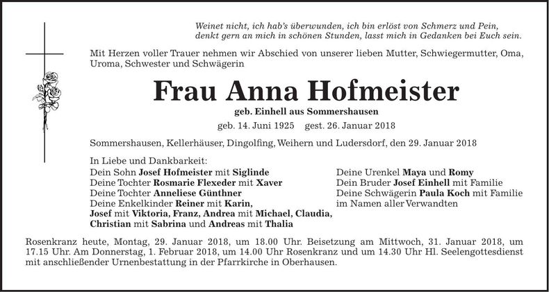 Traueranzeige Josef Hofmeister