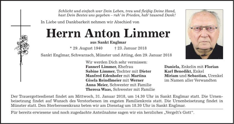 Traueranzeige Anton Limmer