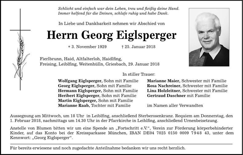 Traueranzeige Georg Eiglsperger