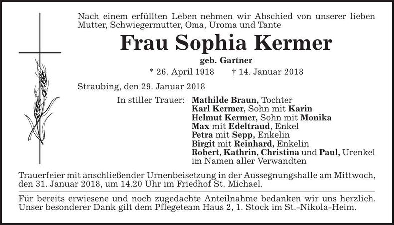 Traueranzeige Sophia Kermer