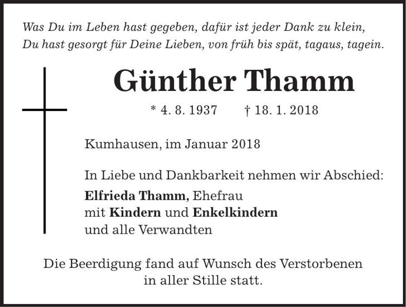 Traueranzeige Günther Thamm