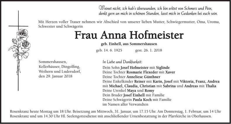 Traueranzeige Anna Hofmeister