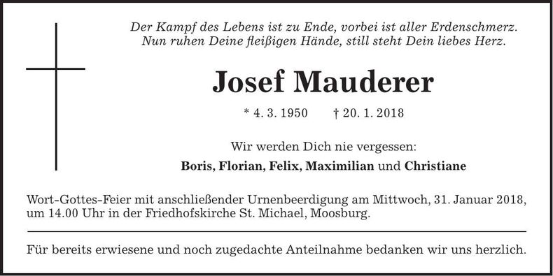 Traueranzeige Josef Mauderer