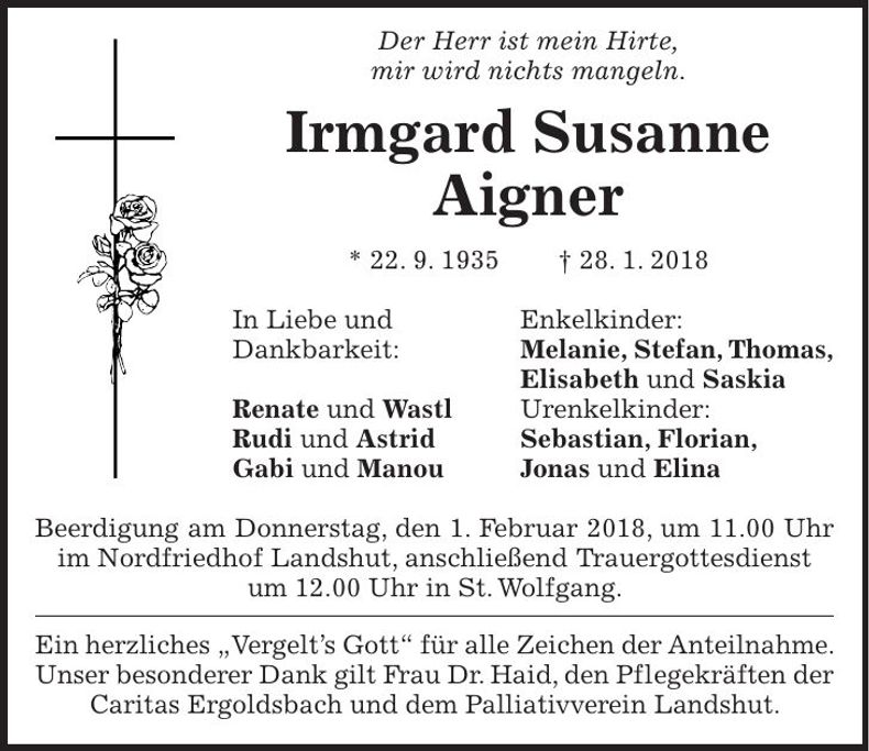 Traueranzeige Irmgard Susanne Aigner