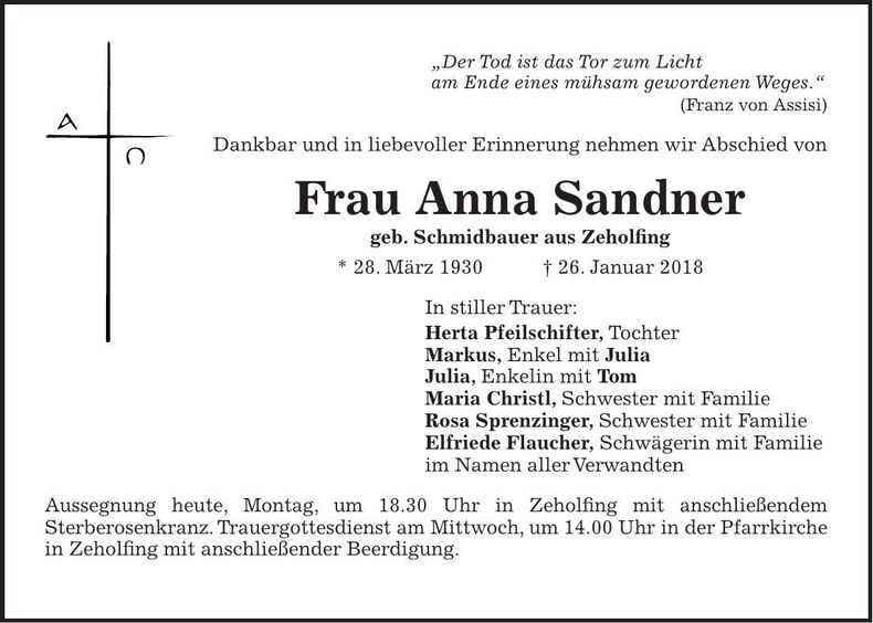 Traueranzeige Anna Sandner