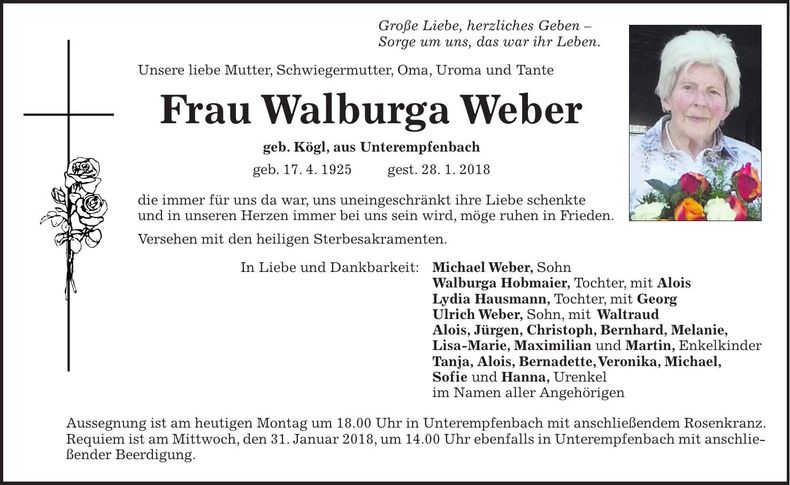 Traueranzeige Walburga Weber