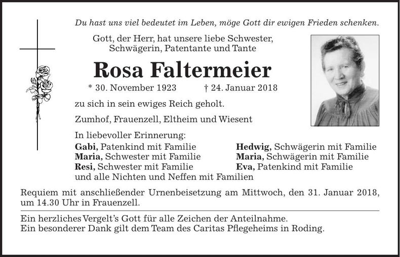 Traueranzeige Rosa Faltermeier