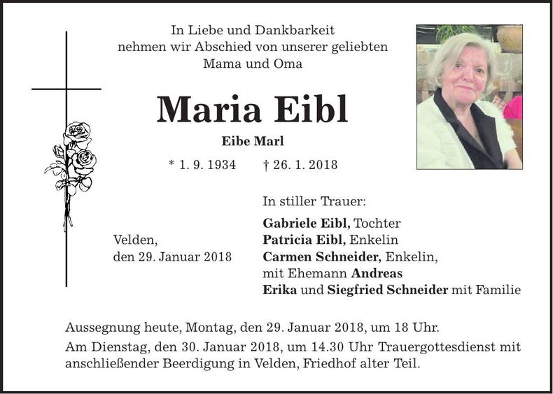 Traueranzeige Maria Eibl