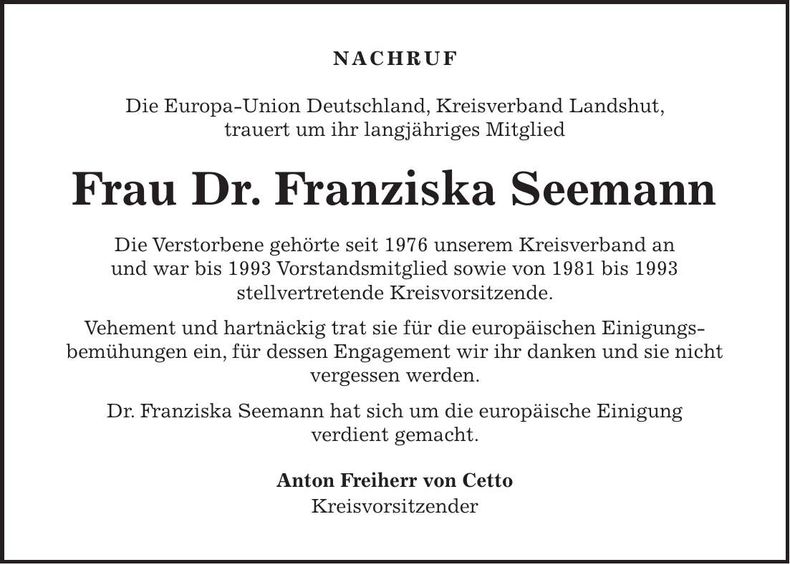 Traueranzeige Franziska Seemann