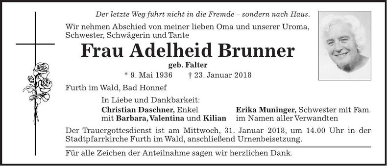 Traueranzeige Adelheid Brunner