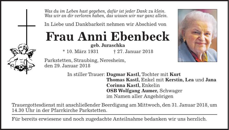 Traueranzeige Anni Ebenbeck