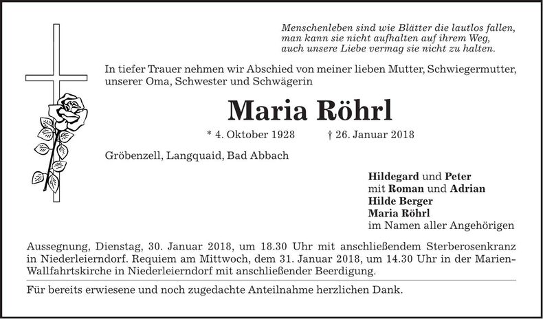Traueranzeige Maria Röhrl