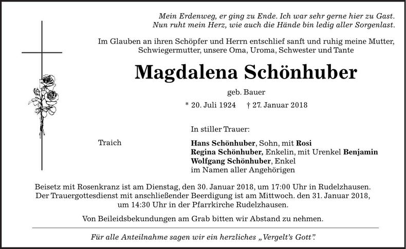 Traueranzeige Magdalena Schönhuber