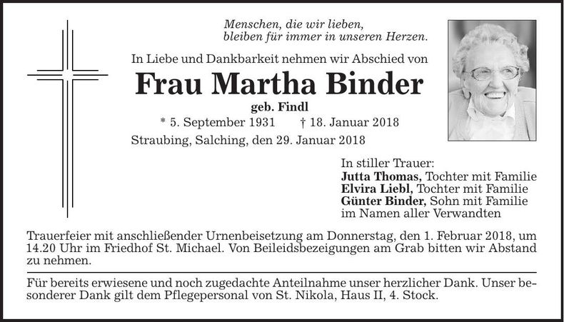 Traueranzeige Martha Binder