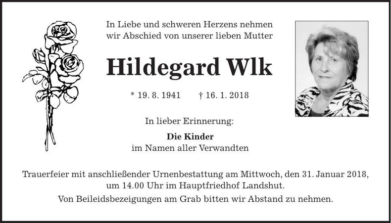 Traueranzeige Hildegard Wlk