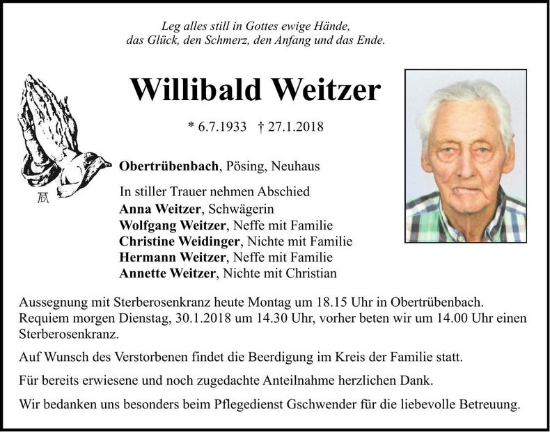 Traueranzeige Willibald Weitzer