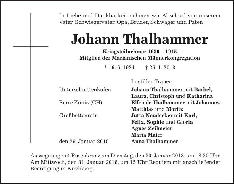 Traueranzeige Johann Thalhammer