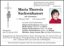 Traueranzeige Maria Theresia Sachsenhauser