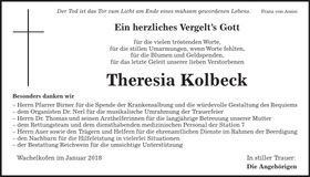Traueranzeige Theresia Kolbeck