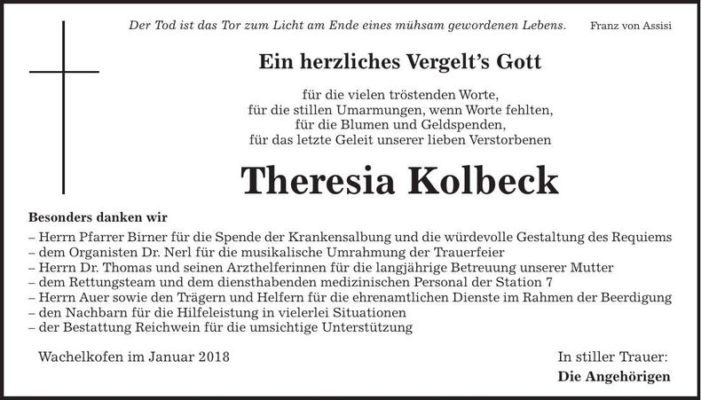 Traueranzeige Theresia Kolbeck