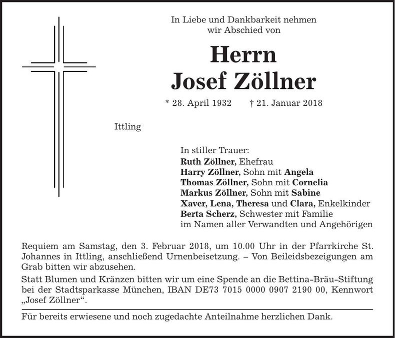 Traueranzeige Josef Zöllner