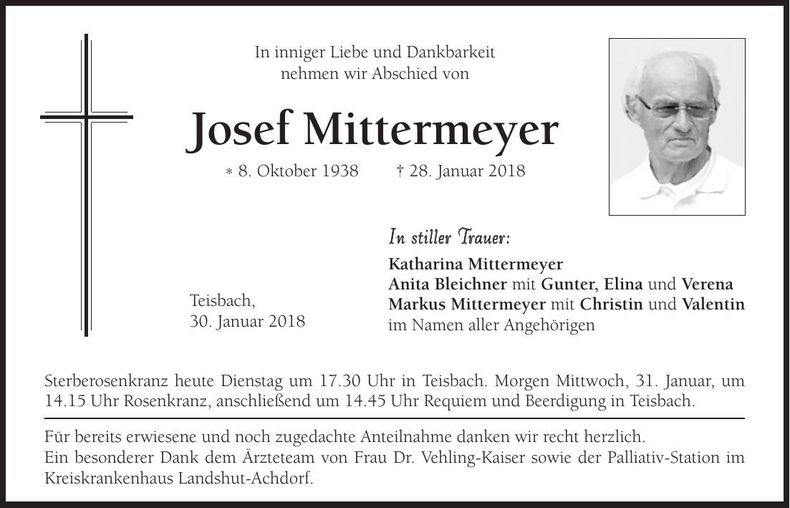 Traueranzeige Josef Mittermeyer