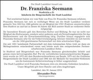 Traueranzeige Franziska Seemann