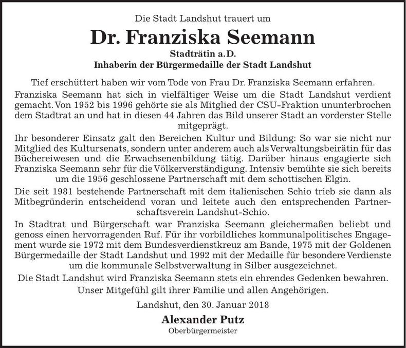 Traueranzeige Franziska Seemann