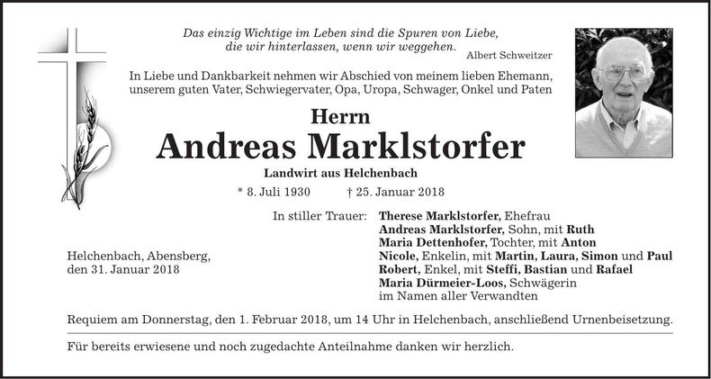 Traueranzeige Andreas Marklstorfer