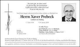 Traueranzeige Xaver Prebeck