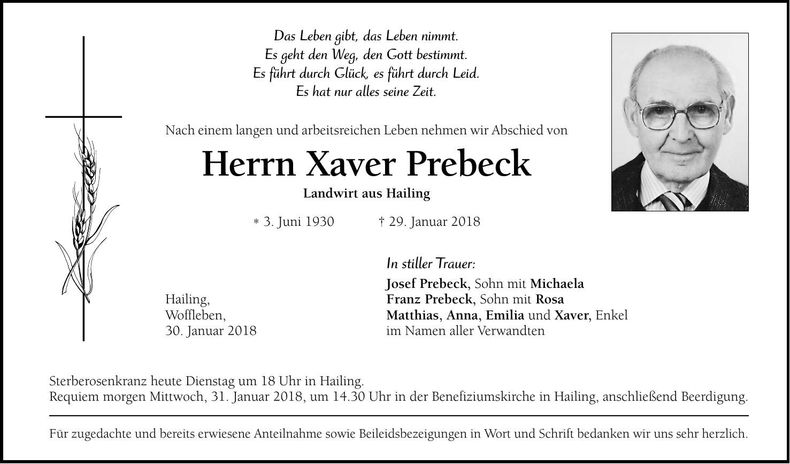 Traueranzeige Xaver Prebeck