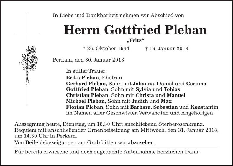 Traueranzeige Gottfried Pleban