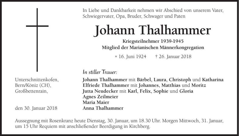Traueranzeige Johann Thalhammer