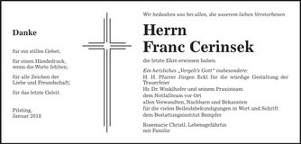 Traueranzeige Frank Cerinsek