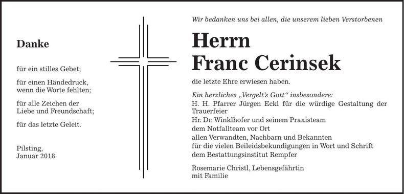Traueranzeige Frank Cerinsek
