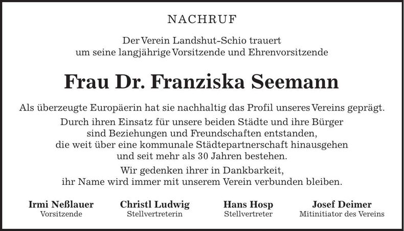 Traueranzeige Franziska Seemann