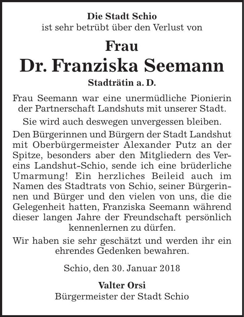 Traueranzeige Franziska Seemann